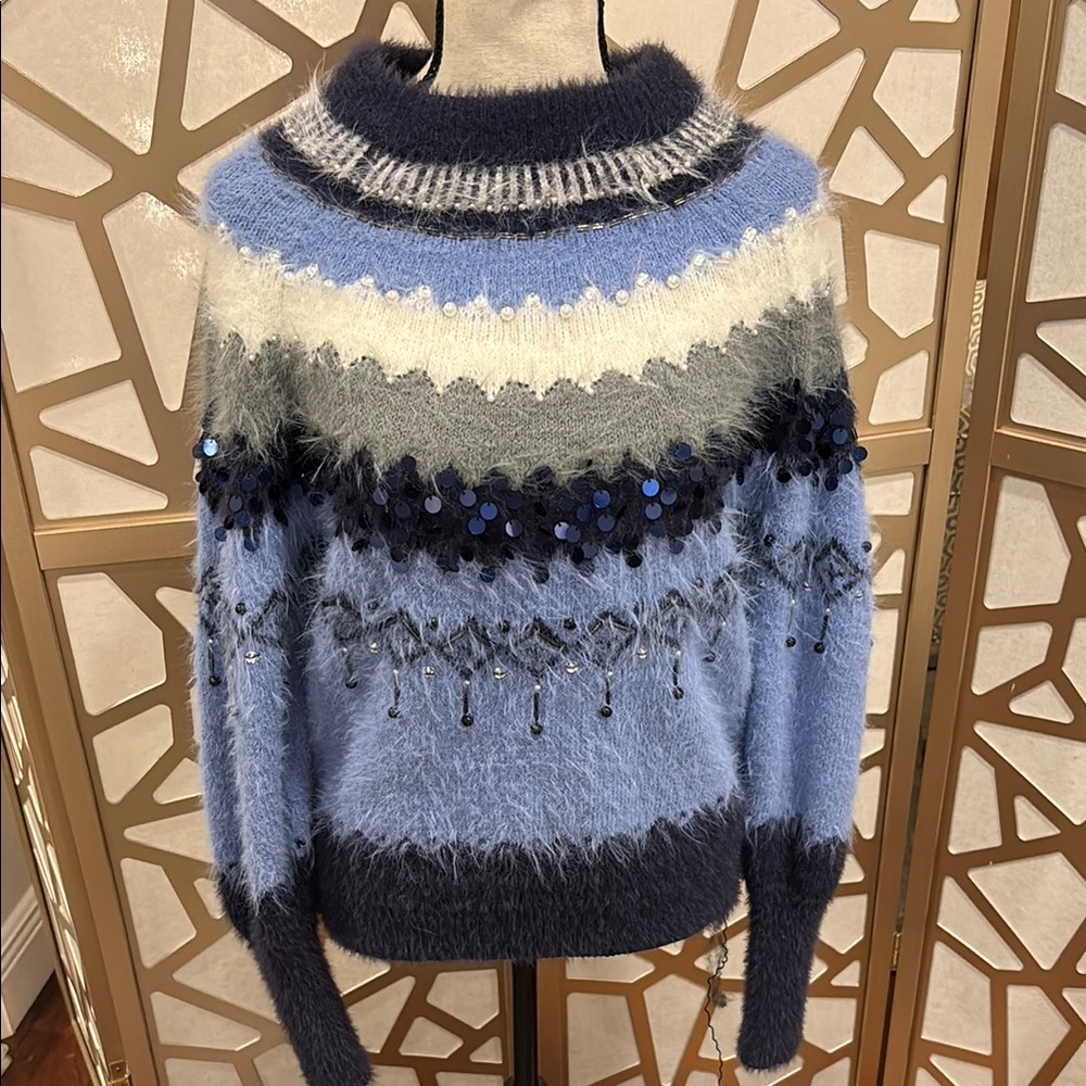 Philosophy Blue and Gray Cowl Neck Sweater